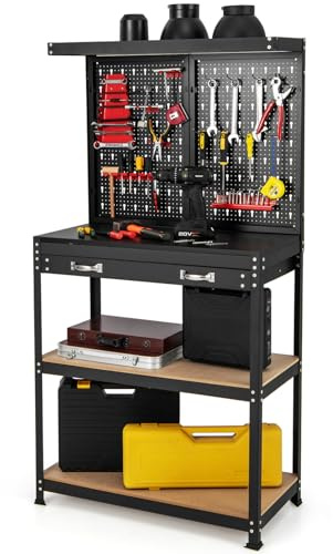 FANTASK Banco da lavoro alto 155 cm, banco attrezzi con parete forata e 13 accessori, tavolo da lavoro con cassetto