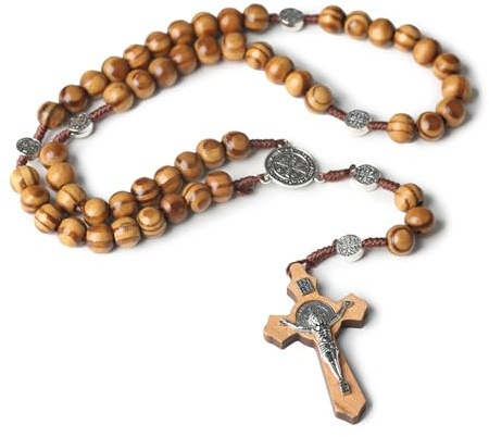 Azushwer Wood Rosary Necklace, Natural Wooden Smooth Beads, Catholic Cross Necklace Religious Jewelry for Catholic Christians Religious Communion, Baptism, Mass, Bible, Brown