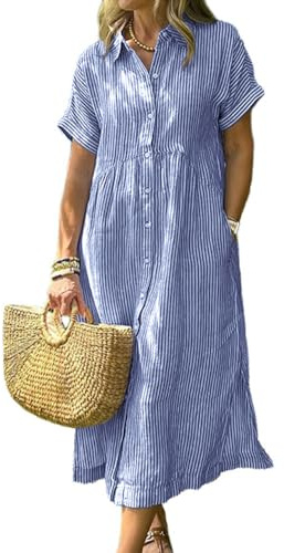 chouyatou Robe chemise d'été mi-longue rayée décontractée à manches courtes boutonnée pour femme