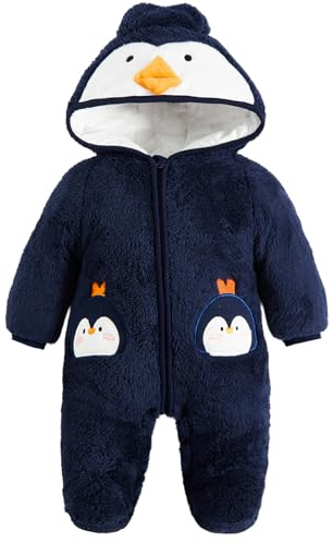 JiAmy Baby Winter Snowsuit, Infant Hooded Romper Outfits Boys Girls Cartoon Fleece Jumpsuit Penguins 0-3 Months