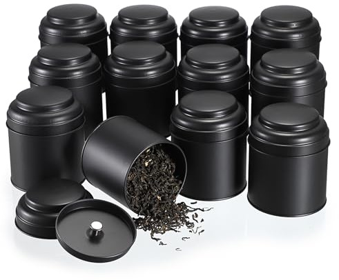SUMTree 12 Stück Teedosen für losen Tee Schwarz Vorratsdosen Set Rund Klein Dosen Metall Küchendosen mit Luftdichten Doppeldeckeln Stapelbare Organizer für Gewürze, Kräuter, Zucker, Kaffeebohne