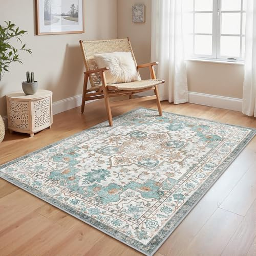 GENIMO Vintage Teppich 120x170cm, Waschbare Teppiche, Boho Teppich, Teppiche Wohnzimmer, Klein Carpet rutschfest, Schlafzimmer, Esszimmer, Büro, Grün