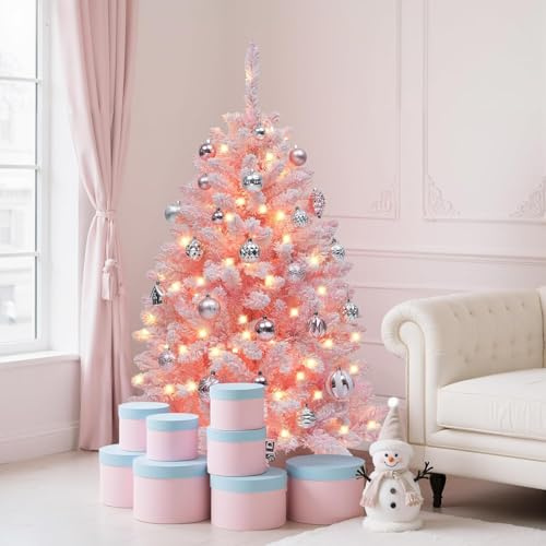 YITAHOME Sapin de Noël Lumineux floqué Rose de 1,37 m, en épicéa Rose, avec 400 Pointes en PVC floquées et 200 lumières Blanches Chaudes pour la décoration de la Maison