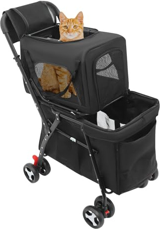 Carrito plegable de doble capa, 105 cm, cesta de transporte extraíble para perros y gatos, cesta de suspensión grande con frenos para parque, viajes, veterinario, compras (negro)