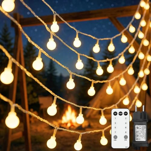 Kimuwote Guirnalda Luces Exterior Bolas, 25m 200 LED Cadena de Luces Interior/Exterior 8 Modos Impermeable con Enchufe, Globo de Luz Decoración para Casa Habitacion Árbol Jardín Balcón Boda Fiesta