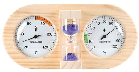 Bastutemperaturmätare – 15 minuters väggtimglas i trä – fuktighetsmätare | Inomhus, garage, arbetsplats, klassrum, växthus och