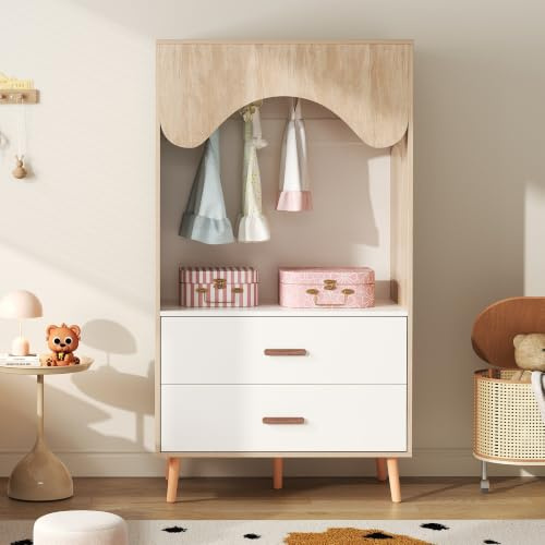 Merax - Armoire pour enfants avec tringle à vêtements et tiroirs, armoire ouverte, blanc + bois naturel, 80 × 46 × 141,5 cm, avec poignées en bois massif, pour la chambre des enfants et la chambre à