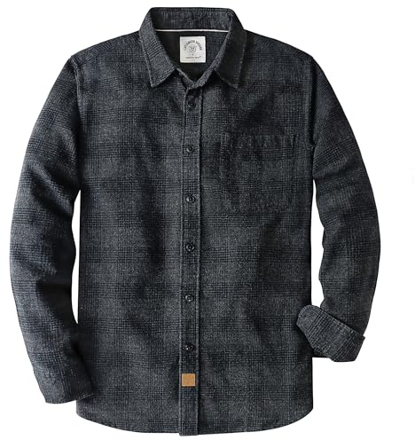 Dubinik® Flannel Shirt for Men Plaid Mens Button Down Long Sleeve Shirts Soft Pure Cotton Casual Cozy Regular Fit Grey Black XL