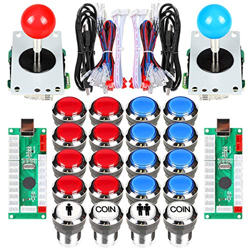 Fosiya 2 Joueurs Arcade Joystick LED Chrome Boutons poussoirs pour PC MAME Raspberry Pi Jeux vidéo Arcade Cabinet Pièces (Rouge Bleu)