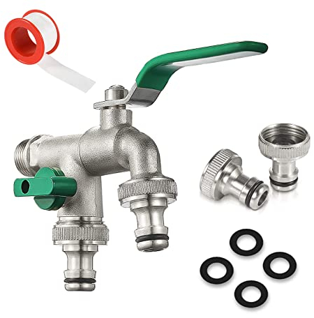 Robinet de Jardin Double Sortie 1/2 – 3/4, Robinet Extérieur Laiton, Premium Robinet Jardin avec Double Raccord et Embout de Tuyau, Convient pour Jardin, Ménage et Industrie
