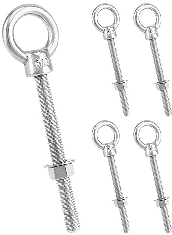 QWORK 316 Stainless Steel Machinery Eye Bolt with Shoulder, 5 Pack 3/8 x 4 Long Stainless Steel Marine Grade Shoulder Eye Bolt, Threaded Eyebolts