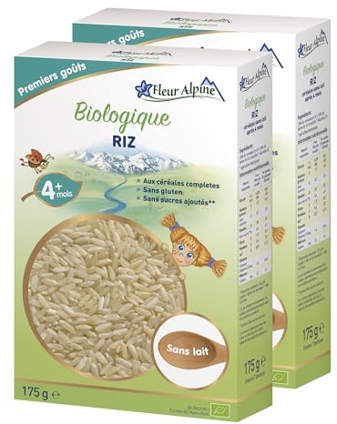 FLEUR ALPINE Bio Reis Baby-Müsli, 2 Stück – leckerer Babybrei für köstlich glatte Frühstücksmahlzeiten, nahrhafter, sofortiger glutenfreier Brei, ab 4 Monaten ohne Zuckerzusatz | 2 x 7 Portionen