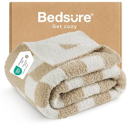 Bedsure GentleSoft Cozy Soft Throw Blanket for Couch, Beige Checkered Fluffy Blanket, Lightweight Warm Knit All Season Throw Blankets for Bed Sofa, Birthday, for Women, 50x60 Inches