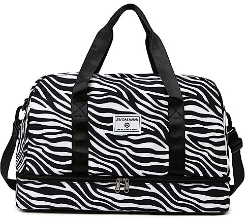 Vllcsla Borsa da Palestra Donna Grande, Borsa Sportiva con Scomparto Scarpe e Tasca Bagnata, Grande Capacità Borsa da Viaggio Duffel per Sport/Viaggi, 51x26x32 cm, Zebrata, Nero Bianco, E