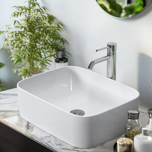 EMKE Lavabo rectangulaire en céramique, 505 x 380 x 150 mm, Vasque à Poser Salle de Bain en céramique, Blanc brillant