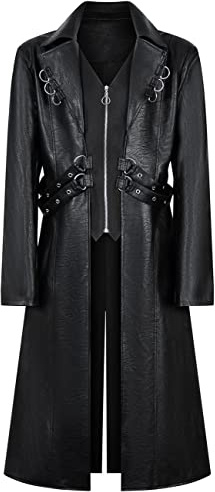 ZNZHKR Men's 70s PU Leather Trench Coat Long German Style Punk Motorcycle Jacket Black Fuxs Leather Zipper Coat (2XL, Black)