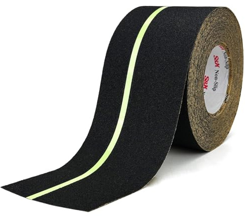S&X Anti-Slip Tape 10cm x 18.3m Heavy Duty Grip Tape with Glow-in-Dark Strip, Waterproof Outdoor Stair Treads for Steps, Ramps, Boats, Decks, Non-Skid Safety, Long-Lasting, Black