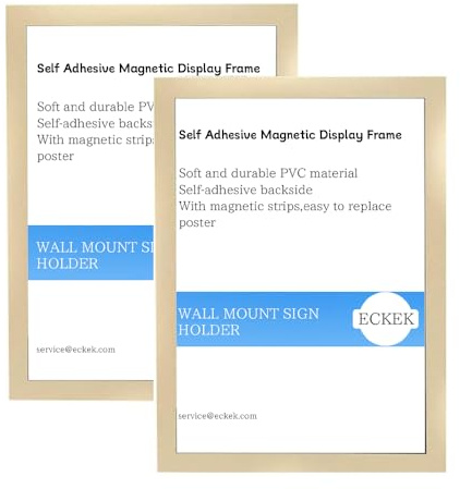 Wall Mount Sign Holder Self Adhesive (Gold A4 210×297mm/8.27×11.69inches) | Magnetic Display Frame Clear Document Frame for Office, Store, School, Home, Wall Picture Frame 2Pack
