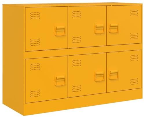 vidaXL Mustard Yellow Sideboard - Highboard Storage Cabinet, Steel Side Cabinet with 6 Doors, Metal Handles for Living Room/Office