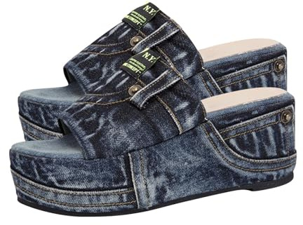 Ciabatte da donna in denim casual, in tessuto jeans, con punta aperta, zeppa, zoccoli con plateau, antiscivolo, sandali bohémien, pantofole di supporto per le donne, Blu, 35.5 EU