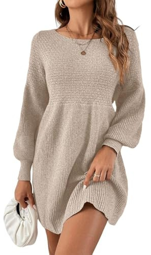 Saodimallsu Abito da donna a maniche lunghe con scollo tondo, con maniche a palloncino, aderente in vita, elegante, in maglia, abito a pullover, abito a linea, miniabito, albicocca, L