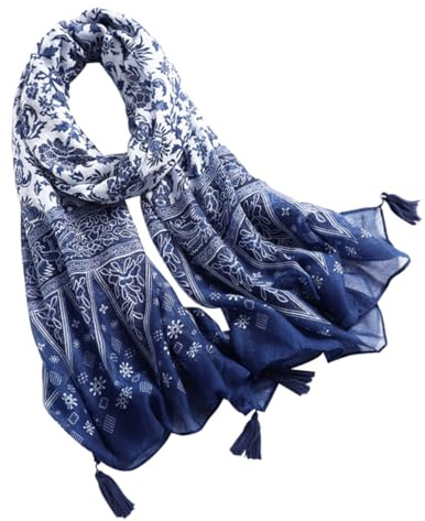 DEARMAMY 1pezzi Sciarpa Frangiata Cotone Con Motivo Porcellana Blu e Bianca Elegante Scialle Da Donna Per Spiaggia e Viaggi