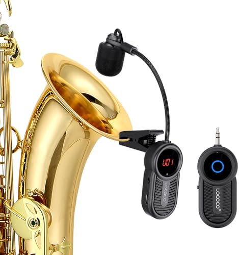 LOCOCO Micrófono Inalámbrico para Saxofón, Micrófono Inalámbrico UHF para Instrumentos Musicales, Receptor y Transmisor Inalámbricos Recargables, Apto para Saxofón, Trompeta y Trombón