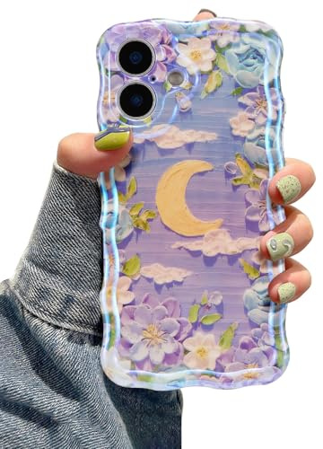 EYZUTAK mobiltelefonfodral för iPhone 16, färgglada vintage oljemålningar blommor fodral glitter mönster söt lockig vågformad kant snygg hållbar TPU skyddsfodral för flickor kvinnor – lila vit