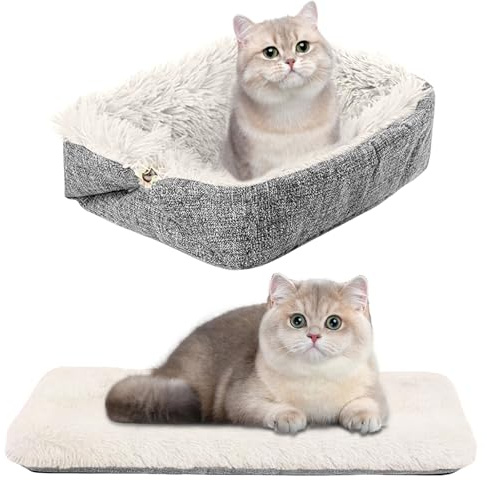 WIYETY 2-i-1 kattsäng, fluffig plysch, mjuk kattfilt för katt, tvättbar kattsoffa, fluffig, husdjurssäng hundsäng, för katt och små hundar (grå + vit plysch)