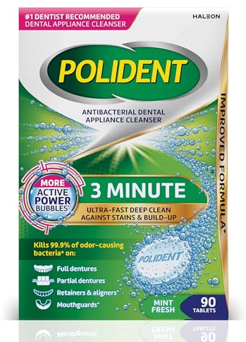 Polident 3 Minute Antibacterial Dental Appliance Cleanser Tablets, Retainer Cleaner Tablets, 90 Count
