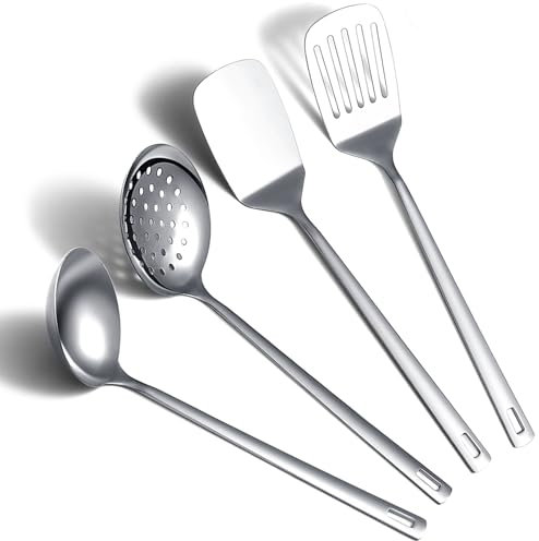 ReaNea Utensili da cucina in acciaio inossidabile Set 4 pezzi Include set di spatole in metallo, Schiumatoio da cucina, Mestolo da zuppa, Gadget da cucina Elementi essenziali