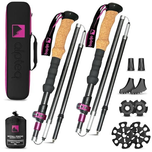 Alpteq® Wanderstöcke faltbar Carbon mit Korkgriff | Bergsport Trekkingstöcke | Nordic Walking Stöcke Damen & Herren | extra leicht und Teleskop variabel (Carbon 100-120 cm | Hot Pink)