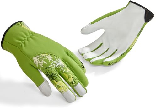 Vgo... Guantes de Jardinería para Mujeres, Guantes de Trabajo en Cuero de Cabra Resistente, Diseño Floral Transpirable para Poda, Paisajismo y Actividades al Aire Libre (GA7444-FM,Verde,S,1 Par)