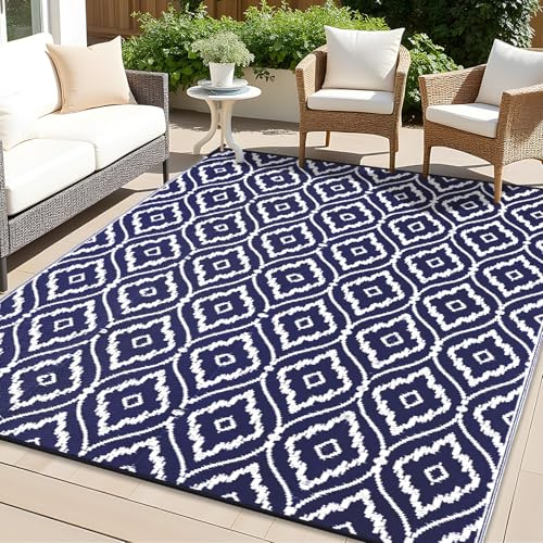 Homaxy Waterproof Outdoor Rug 240 x 300 cm, UV Resistant Reversible Plastic Straw Garden Rug, Portable Easy Cleaning Carpet for Patio, Camping, Balcony, Picnic, Navy Blue & White