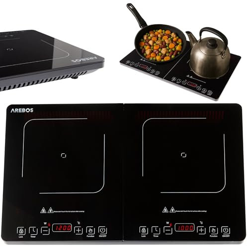 Arebos Doppel-Induktionskochplatte 3500W | 2 Kochzonen mit Touch-Display & Timer | Induktionskochfeld tragbar für Camping, Outdoor & Küche | Überhitzungsschutz | Energieeffizient