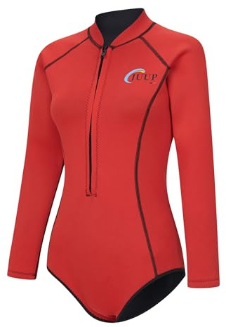 Yruioon Muta da donna in neoprene 2,5mm, costume da bagno termico a maniche lunghe, tuta subacquea intera, rashguard, per snorkeling, surf, costume da bagno, Colore: rosso, S
