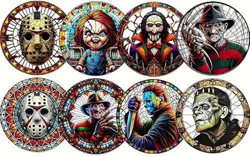 Färgglad skräck glasunderlägg 8-delat set Hallowèn, nattskräck, Frèddy, Jason, film, för te, påsar, dryck, frukost, öl, presentidé