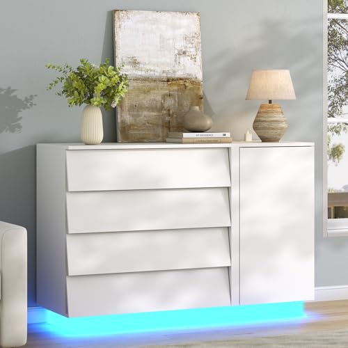 Gyfimoie 4 Drawer Dresser for Bedroom, Floating White Dresser Chest with LED light and Power outlet, Modern Dressers with Door for Closet, Drawer Organizer Cabinet for TV stand, Living Room, Hallway