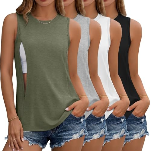 JoyMotion 4 Pack Women's Nursing Tank Tops for Breastfeeding Hidden Zippers Sleeveless Nursing Shirts Loose Maternity Tops(Gray Green, Gray, White, Black,Large)