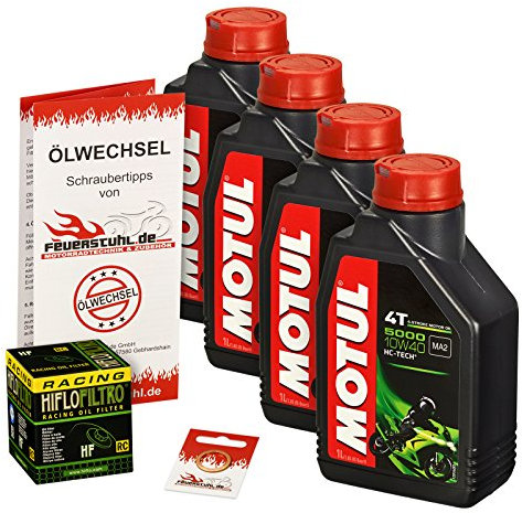 Motul 10W-40 Öl + HiFlo Ölfilter für Kawasaki ZX9R Ninja 94-01 ZX900B ZX900C ZX900E - Ölwechselset inkl. Motoröl, Racing Filter, Dichtring