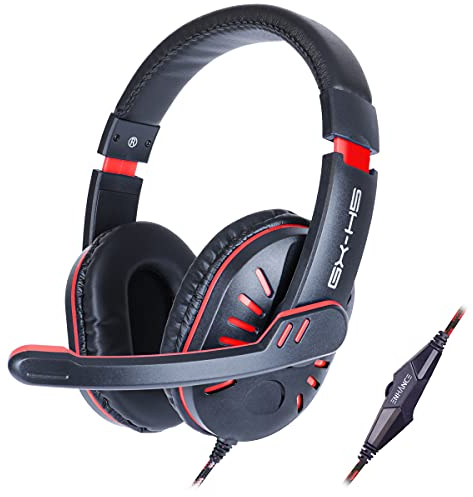ENHANCE Auriculares para Juegos GX-H5 con micrófono Giratorio - Diadema Ajustable, Controlador de Volumen con Cable Trenzado, Auriculares USB con Aislamiento de Sonido, Cable Divisor Incluido (Rojo)