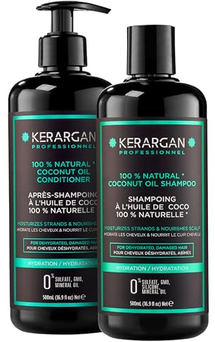 Kerargan - Duo Hydratant Shampoing & Après-Shampoing à l’Huile de Coco pour Cheveux Déshydratés et Abîmés - Nourrit le Cuir Chevelu - Sans Sulfate, OGM, Silicone, Huile Minérale - 2x500 ml