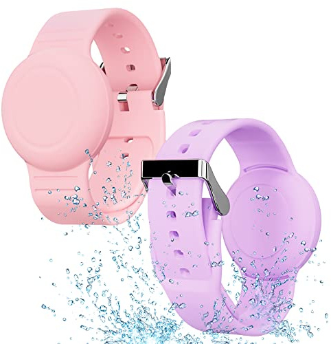 Waterproof Bracelet Compatible with Airtag (1st & 2nd Gen) for Kid, 2 Pack Soft Silicone Hidden Wristband, Lightweight Tracker Watch Band Compatible with Apple Air Tag for Child, Purple & Pink