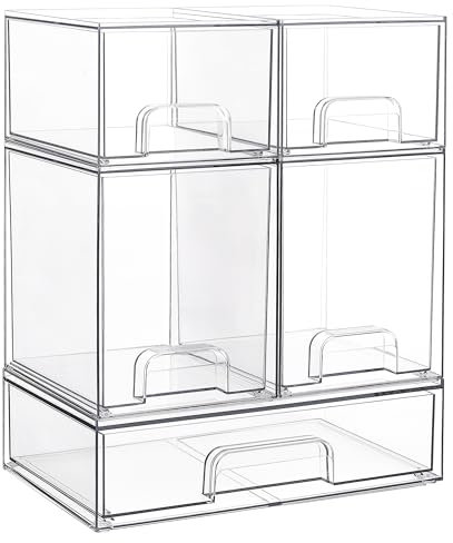 Vtopmart Set di 5 cassetti impilabili, 30,5 cm di larghezza e 11,1 cm di altezza, in plastica trasparente, organizer per trucchi, cosmetici, articoli di bellezza, ideali per toeletta, bagno, armadio,