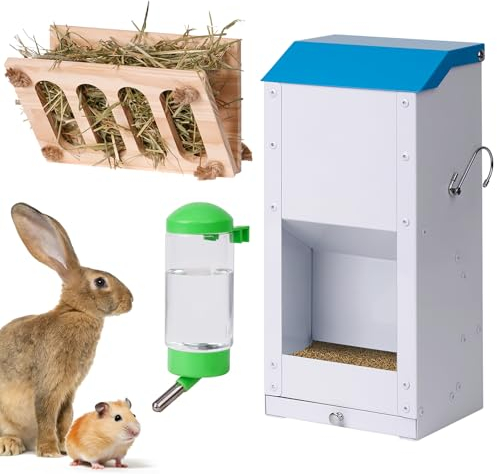 KHEARPSL Large Metal Rabbit Feeder for Cage, 6lbs Guinea Pigs Automatic Food Dispenser Outdoor Bunny Pet Feeder Automatic Small Animal Feeder with Hay feeders and Water Bottle for Guinea Pig Chick
