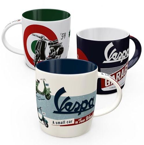 Nostalgisk konst retro kaffemugg (set med 3), 330 ml, Vespa Set 1 – presentidé för skotrare, keramikkopp, vintage design