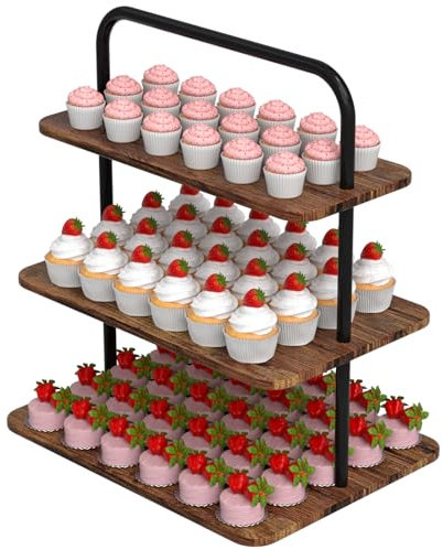 VyGrow 3-Tier Cake Stand Wood & Metal Tower Display Premium Holder Dessert Tree Tower for Birthday Cady Bar Decor Weddings, Party Serving Tray, Rectangle Display Rack