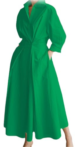 Robe Chemise en Pur Coton pour Femme, Robe Chemise Longue boutonnée en Coton pour Femme, Robe mi-Longue décontractée à Manches nouées à la Taille (M,Vert)