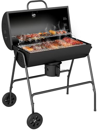 Outsunny Barbecue au charbon de bois avec couvercle, barbecue charbon de bois grande taille avec grille et thermomètre, BBQ avec roues, poignée, pour jardin, patio, 95 x 71,5 x 102 cm, noir