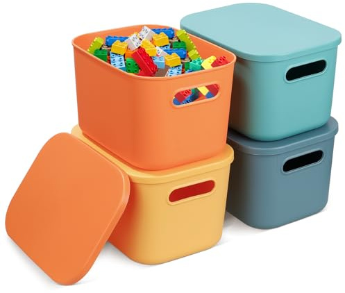 4 Pcs Colorful Stackable Plastic Storage Boxes with Lids – Small Organizer Bins for Shelves, Storage Baskets with Handle for Kitchen, Cupboard, Office, Bathroom, Toy, Home Tidy, Durable & Space-Saving
